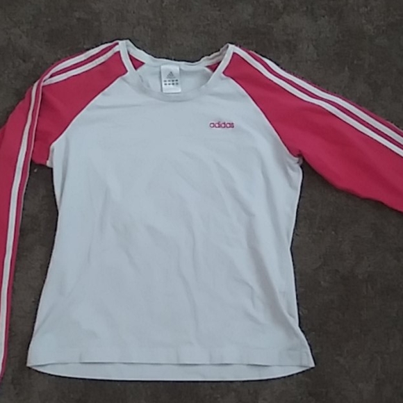 pink and white adidas shirt